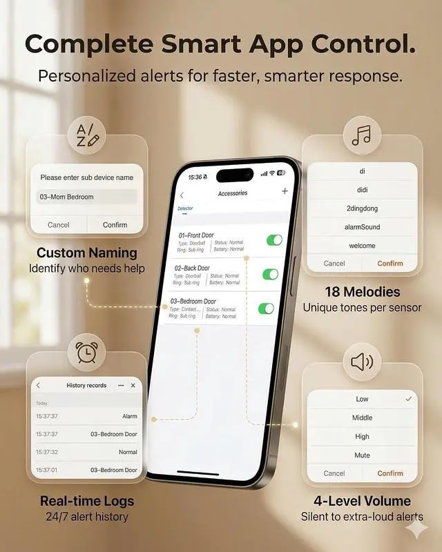 Alt view image 7 of 7 - PILSAMAS Wi-Fi Door and Window Alarms for Dementia Wandering Seniors (4 Sensors), Smart Caregiver Pager with App Alerts, ID Display, 328ft Range Whole Home Door Sensor Chime for Kids, Toddler Security