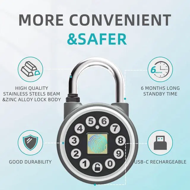 Alt view image 5 of 7 - SFW Fingerprint Padlock,Bluetooth Pad Locks with Code, Water Resistant Smart Padlocks with Mobile App.Suitable for Gym, Sports Facilities, Bicycles, Schools, Luggage and Lockers