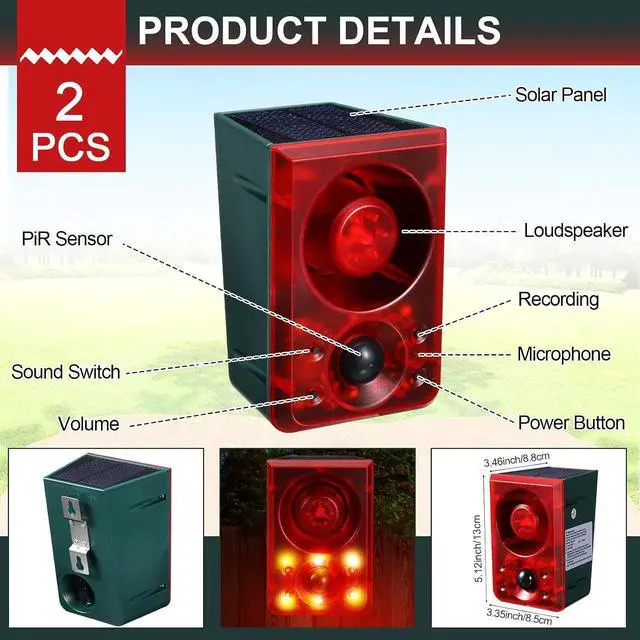 Alt view image 4 of 7 - Qualirey Solar Outdoor Motion Sensor Alarm Animal Deterrent Gunshot Sound Dog Barking Alarm 130dB Loud Noise Maker 3 Modes with USB Remote Control Support Recording and Volume Adjustment(2 Pcs,Red)