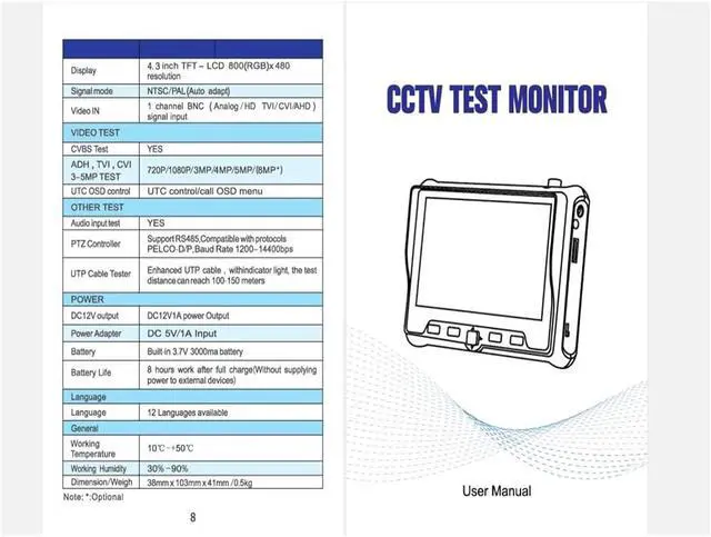 Alt view image 4 of 4 - CCTV Tester 4.3 Inch HD CCTV Tester Monitor CVBS AHD CVI TVI Camera 8MP 5MP 2MP 720P UTP Cable PTZ 12V Output Support IP Camera