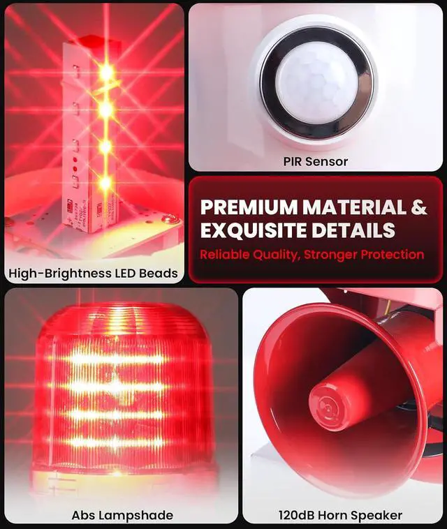 Alt view image 5 of 7 - Motion Sensor Security Alarm, PIR Human & Animal Detection Outdoor Warning Alarm, Plug-in Wall Mount Alarm with 120dB Adjustable Loud Siren & LED Red Strobe Light for Home Yard Farm Anti-Theft, AC110V
