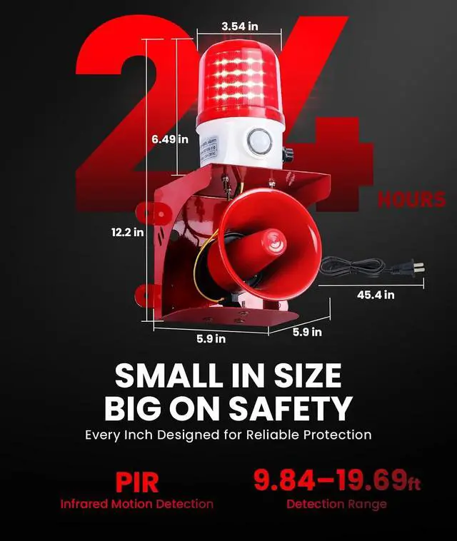 Alt view image 6 of 7 - Motion Sensor Security Alarm, PIR Human & Animal Detection Outdoor Warning Alarm, Plug-in Wall Mount Alarm with 120dB Adjustable Loud Siren & LED Red Strobe Light for Home Yard Farm Anti-Theft, AC110V