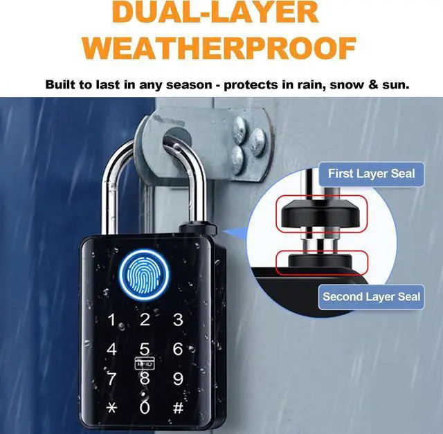 Alt view image 3 of 7 - Heavy Duty Fingerprint Padlock with Key, Outdoor Smart Padlock with Code Keypad, Smart Combination Gate Lock for Outdoor Fence, Gate, Storage Unit, Tuya App, Waterproof (10 mm Shackle)
