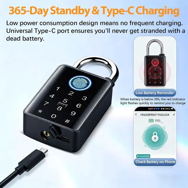 Alt view image 2 of 7 - Heavy Duty Fingerprint Padlock with Key, Outdoor Smart Padlock with Code Keypad, Smart Combination Gate Lock for Outdoor Fence, Gate, Storage Unit, Tuya App, Waterproof (10 mm Shackle)