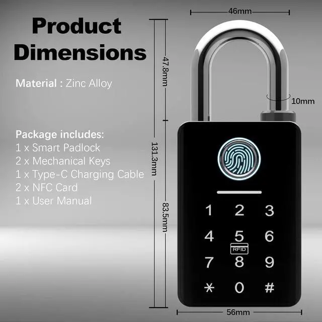 Alt view image 5 of 7 - Heavy Duty Fingerprint Padlock with Key, Outdoor Smart Padlock with Code Keypad, Smart Combination Gate Lock for Outdoor Fence, Gate, Storage Unit, Tuya App, Waterproof (10 mm Shackle)