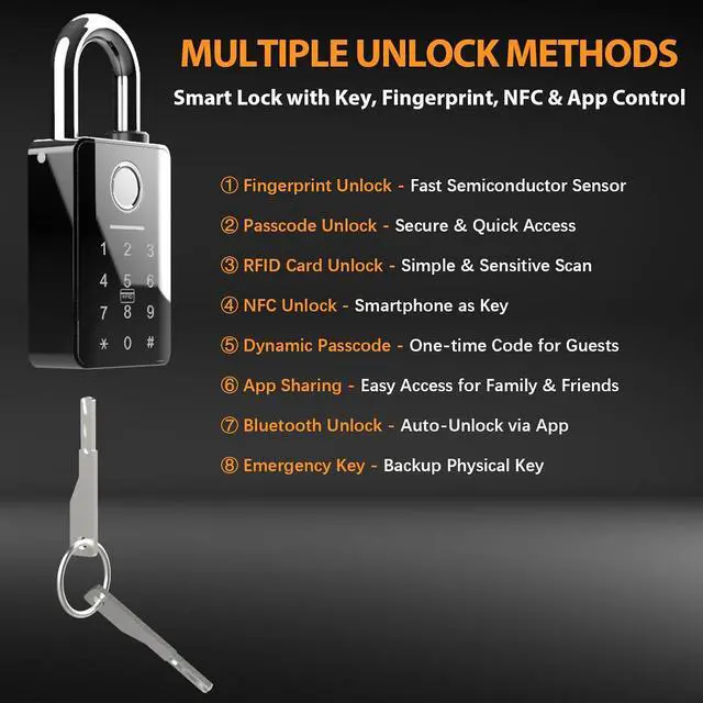Alt view image 4 of 7 - Heavy Duty Fingerprint Padlock with Key, Outdoor Smart Padlock with Code Keypad, Smart Combination Gate Lock for Outdoor Fence, Gate, Storage Unit, Tuya App, Waterproof (10 mm Shackle)