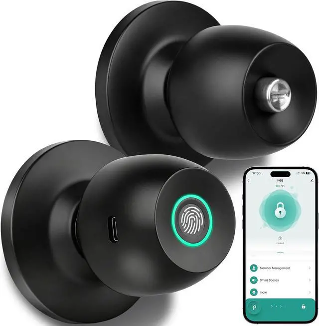 Main image of Fingerprint Door Knob Lock for Bedroom with App and Backup Key