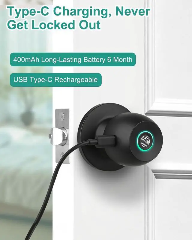 Alt view image 3 of 7 - Fingerprint Door Knob Lock for Bedroom with App and Backup Key
