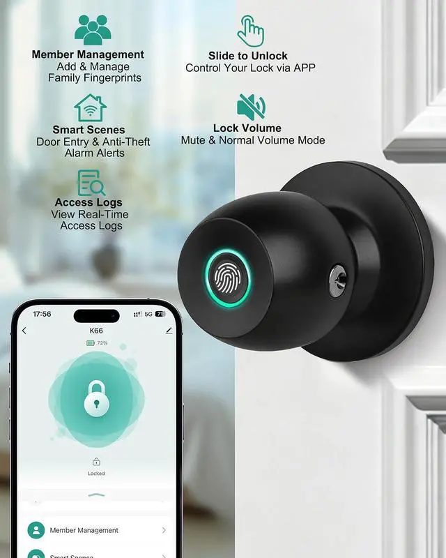Alt view image 4 of 7 - Fingerprint Door Knob Lock for Bedroom with App and Backup Key