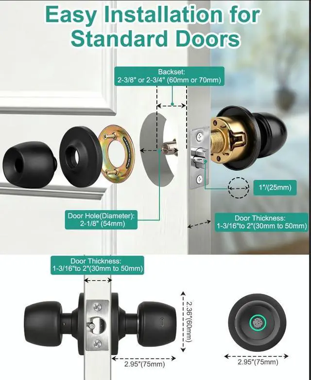Alt view image 7 of 7 - Fingerprint Door Knob Lock for Bedroom with App and Backup Key