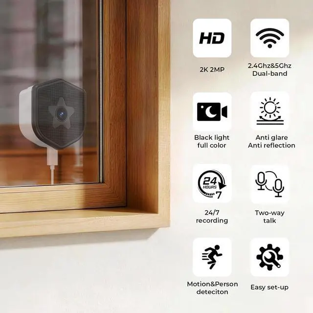 Alt view image 7 of 7 - 2K Window Security Camera, 2.4GHz & 5GHz WiFi Indoor Window Cameras for Home Security with Color Night Vision, AI Event Detection with Smart Search, No Drill Window Camera for Apartment (2Pcs)