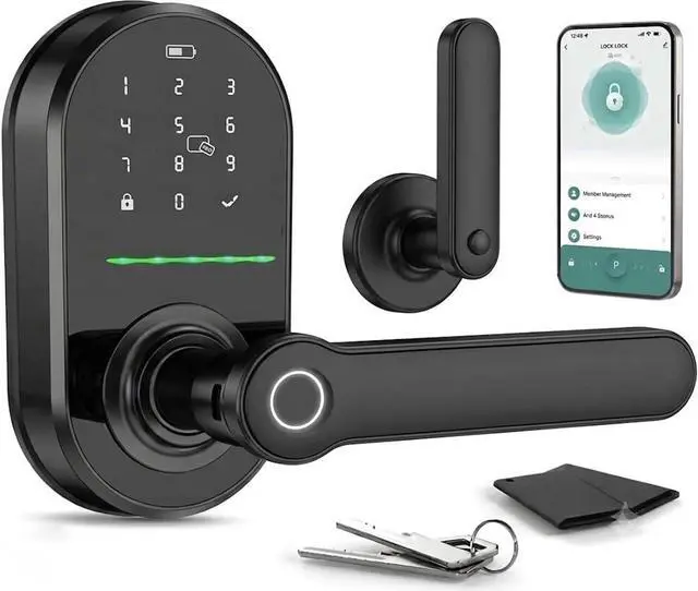 Main image of HEI LIANG Smart Door Handle with Biometric Fingerprint,Keypad Keyless Entry Door Lock for Front Door,5-in-1 Electronic Door Lock with App Control,Auto Lock,Reversible for Left/Right Hand,Deep Black