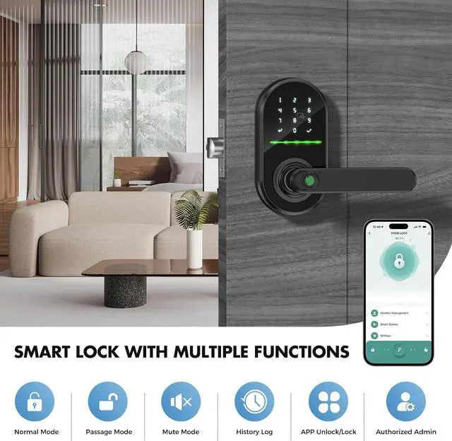 Alt view image 2 of 7 - HEI LIANG Smart Door Handle with Biometric Fingerprint,Keypad Keyless Entry Door Lock for Front Door,5-in-1 Electronic Door Lock with App Control,Auto Lock,Reversible for Left/Right Hand,Deep Black