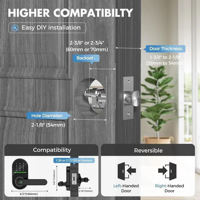Alt view image 7 of 7 - HEI LIANG Smart Door Handle with Biometric Fingerprint,Keypad Keyless Entry Door Lock for Front Door,5-in-1 Electronic Door Lock with App Control,Auto Lock,Reversible for Left/Right Hand,Deep Black