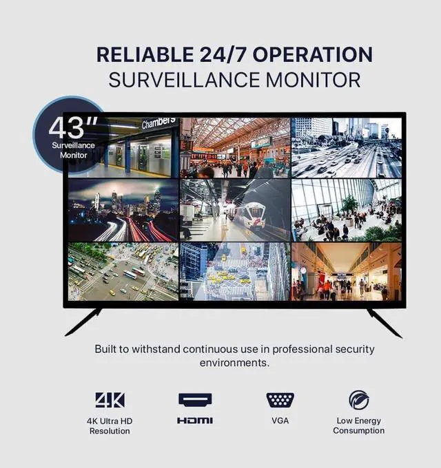 Alt view image 2 of 5 - 43 Inch Surveillance Grade Large Size 24/7 4K Monitor Screen, 4K LCD Monitor, HDMI/VGA/DVI/BNC Inputs, 3840 x2160 HD, 16:9, 5ms Response, Designed for CCTV Security DVR/NVR Camera System