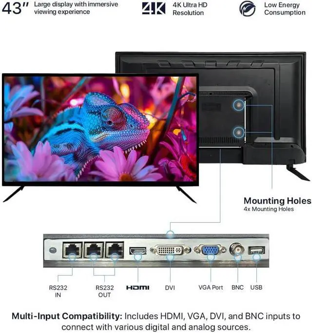Alt view image 3 of 5 - 43 Inch Surveillance Grade Large Size 24/7 4K Monitor Screen, 4K LCD Monitor, HDMI/VGA/DVI/BNC Inputs, 3840 x2160 HD, 16:9, 5ms Response, Designed for CCTV Security DVR/NVR Camera System