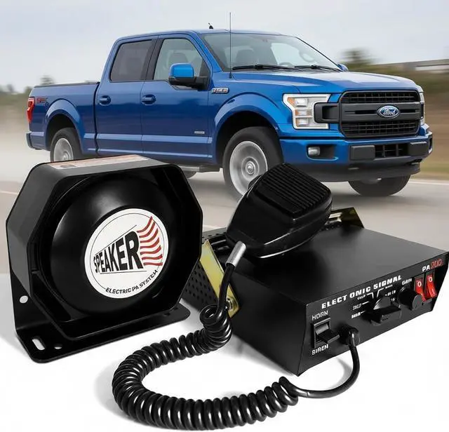 Main image of 12V 100W Emergency Siren PA System Kit - 108-134dB Slim Speaker, 6 Sound Modes (Yelp/Wail/Hi-Lo), Vehicle Pa System with PTT Mic & Radio Input for Police Fire Tow Trucks UTV ATV