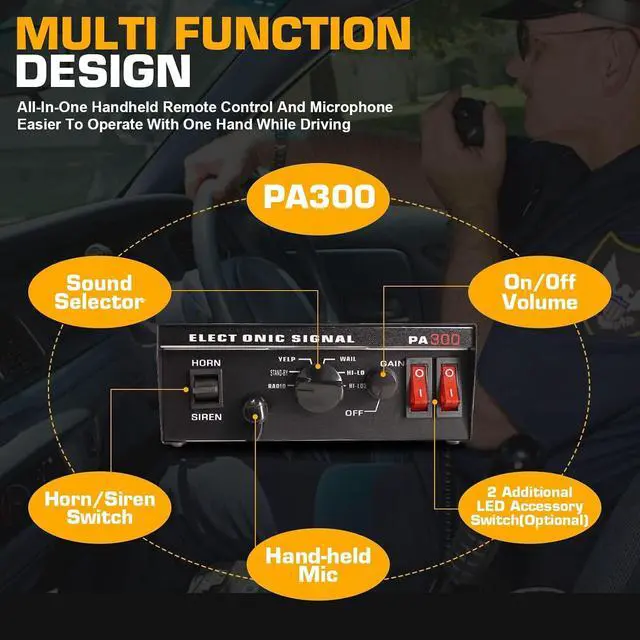Alt view image 2 of 7 - 12V 100W Emergency Siren PA System Kit - 108-134dB Slim Speaker, 6 Sound Modes (Yelp/Wail/Hi-Lo), Vehicle Pa System with PTT Mic & Radio Input for Police Fire Tow Trucks UTV ATV