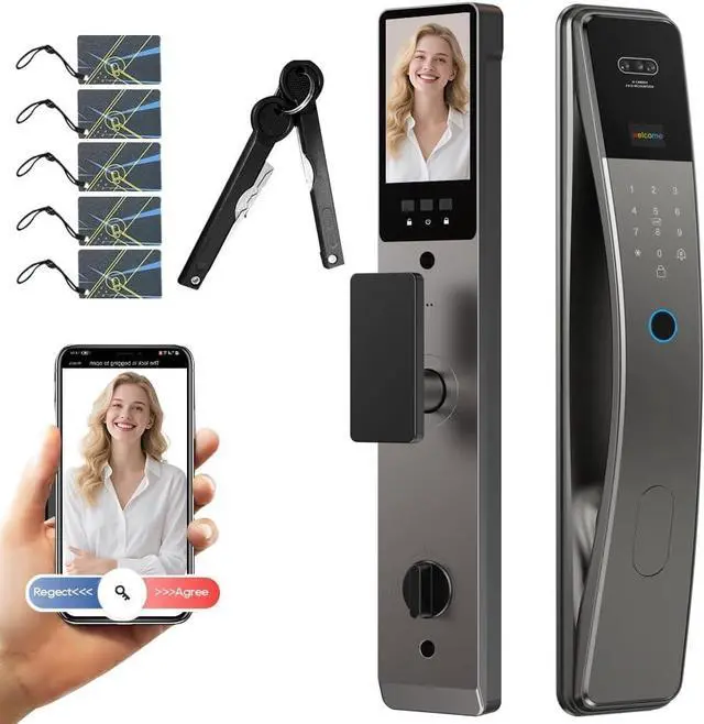 Main image of 3D Face Recognition Smart Door Lock with Camera & Doorbell, Keyless Biometric Fingerprint, Face, Passcode, IC Card, Mechanical Key, AutoLock, Compatible with Tuya App,Smart Home Front Door Security