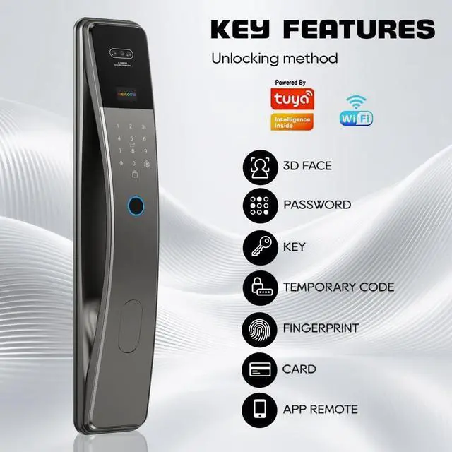Alt view image 3 of 7 - 3D Face Recognition Smart Door Lock with Camera & Doorbell, Keyless Biometric Fingerprint, Face, Passcode, IC Card, Mechanical Key, AutoLock, Compatible with Tuya App,Smart Home Front Door Security