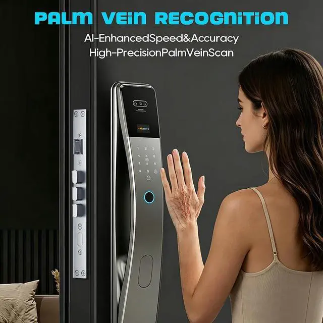 Alt view image 4 of 7 - 3D Face Recognition Smart Door Lock with Camera & Doorbell, Keyless Biometric Fingerprint, Face, Passcode, IC Card, Mechanical Key, AutoLock, Compatible with Tuya App,Smart Home Front Door Security