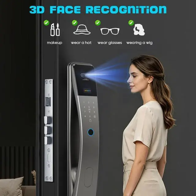 Alt view image 5 of 7 - 3D Face Recognition Smart Door Lock with Camera & Doorbell, Keyless Biometric Fingerprint, Face, Passcode, IC Card, Mechanical Key, AutoLock, Compatible with Tuya App,Smart Home Front Door Security