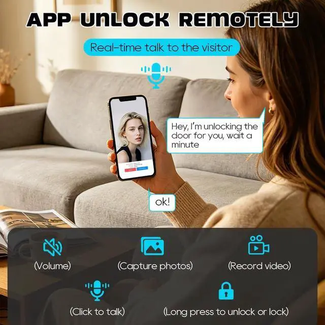 Alt view image 7 of 7 - 3D Face Recognition Smart Door Lock with Camera & Doorbell, Keyless Biometric Fingerprint, Face, Passcode, IC Card, Mechanical Key, AutoLock, Compatible with Tuya App,Smart Home Front Door Security