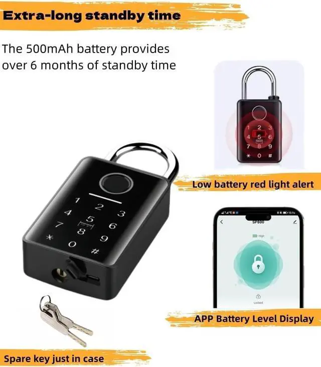 Alt view image 2 of 5 - Heavy Duty Fingerprint Padlock with Key Backup, Waterproof Outdoor Smart Combination Gate Lock with IC Card, 5 Ways Unlock Smart Padlock, Thin Lock Beam(7mm)
