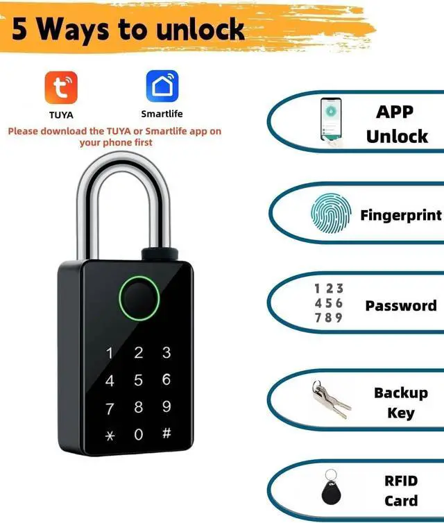 Alt view image 3 of 5 - Heavy Duty Fingerprint Padlock with Key Backup, Waterproof Outdoor Smart Combination Gate Lock with IC Card, 5 Ways Unlock Smart Padlock, Thin Lock Beam(7mm)