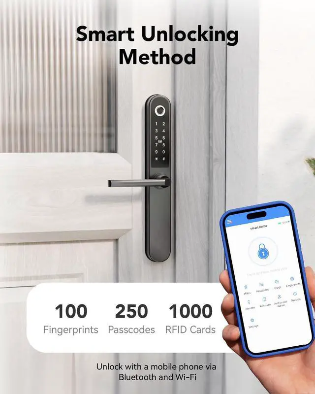Alt view image 5 of 7 - Smart Door Lock, Fingerprint Door Lock with Keypad & App Control, Keyless Entry Door Lock, Auto Lock, Anti-Peep Password, Easy Installation for Front Door Home
