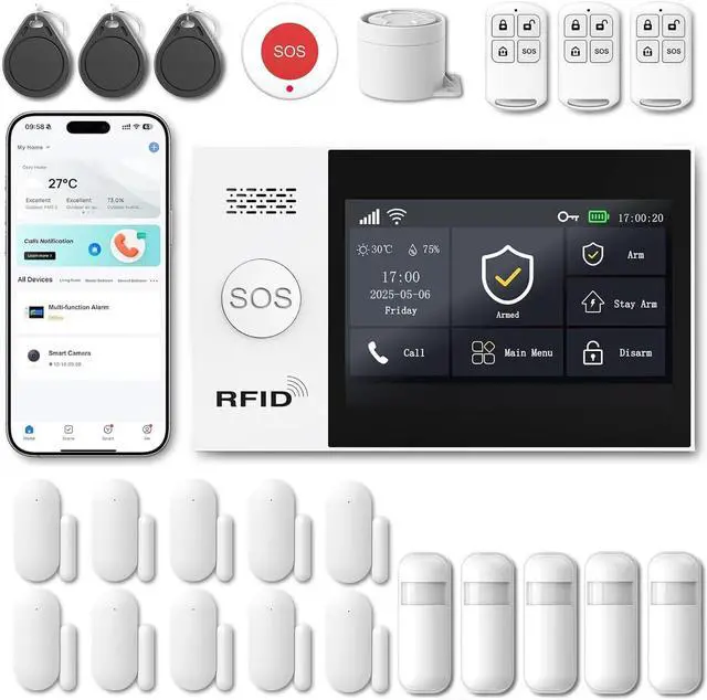 Main image of WiFi Wireless Alarm System for Home Security - 24/7 Protection Smart Home Devices 4.3" Touch Screen, GSM/4G+WiFi, App Instant Alerts, No Monthly Fee, Alexa Compatible for Villa, Kids Safety (24 pcs)