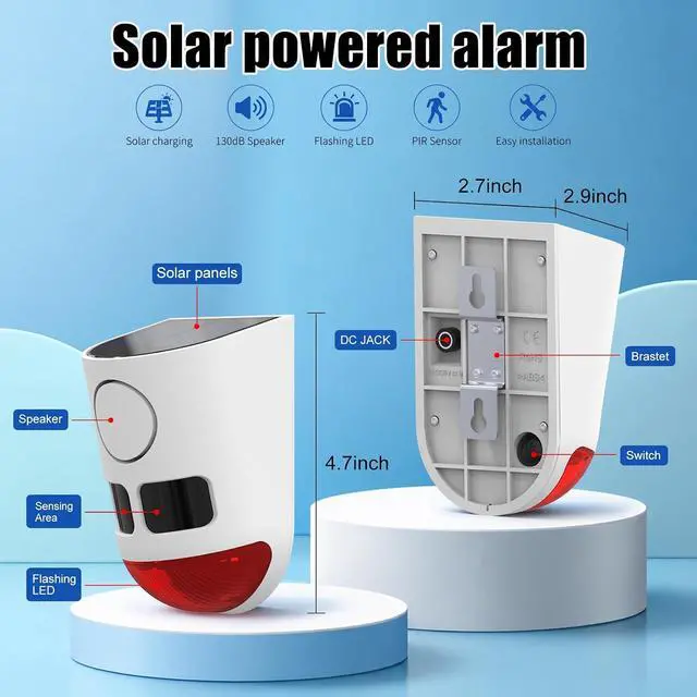 Alt view image 7 of 7 - Solar Motion Sensor Alarm with Strobe Light, 130dB Outdoor Security Alarm System, 13 Alarm Sounds with Remote Control, Solar Powered, Waterproof PIR Motion Detector for Farm Yard Garden Orchard.4PCS