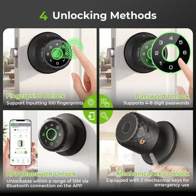 Alt view image 2 of 7 - Smart Fingerprint Door Knob Fingerprint Door Lock with Keypad, Biometric Door knobs with App Control, Auto Lock Door Lock with Code, Keyless Door Knob with Locks for Bedroom, Home