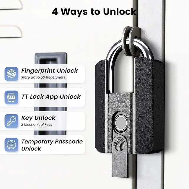 Alt view image 3 of 7 - Lokko Outdoor Padlock, Smart Waterproof Heavy Duty Gate Lock, Bluetooth Fingerprint Lock with TT Lock App, 4 Electronic Keys for Landlord, Airbnb, Yard Gate, Storage Shed, Warehouse