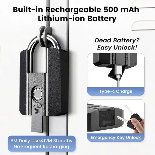Alt view image 5 of 7 - Lokko Outdoor Padlock, Smart Waterproof Heavy Duty Gate Lock, Bluetooth Fingerprint Lock with TT Lock App, 4 Electronic Keys for Landlord, Airbnb, Yard Gate, Storage Shed, Warehouse