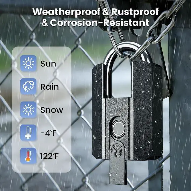 Alt view image 7 of 7 - Lokko Outdoor Padlock, Smart Waterproof Heavy Duty Gate Lock, Bluetooth Fingerprint Lock with TT Lock App, 4 Electronic Keys for Landlord, Airbnb, Yard Gate, Storage Shed, Warehouse