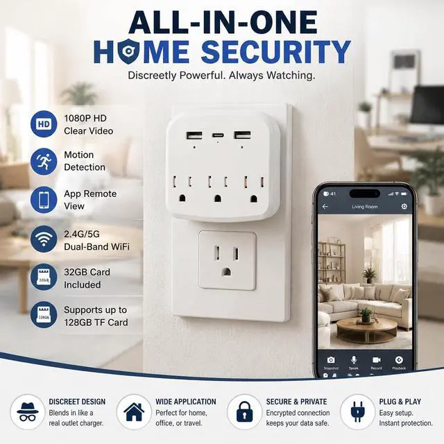 Alt view image 2 of 7 - 1080P WiFi Hidden Outlet Camera, Spy Style Plug-In Wall Charger Camera, Nanny Cam for Home Security Monitoring, Indoor Motion Detection Security Camera with App Remote View, Dual-Band 2.4G/5G Wireless