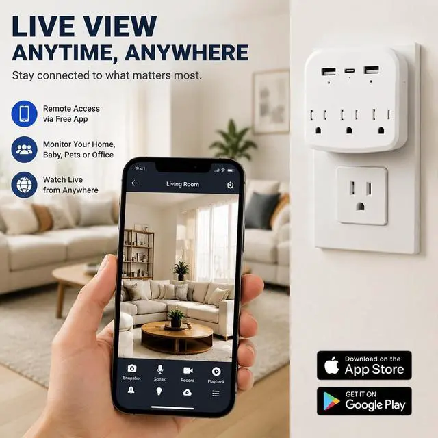Alt view image 3 of 7 - 1080P WiFi Hidden Outlet Camera, Spy Style Plug-In Wall Charger Camera, Nanny Cam for Home Security Monitoring, Indoor Motion Detection Security Camera with App Remote View, Dual-Band 2.4G/5G Wireless