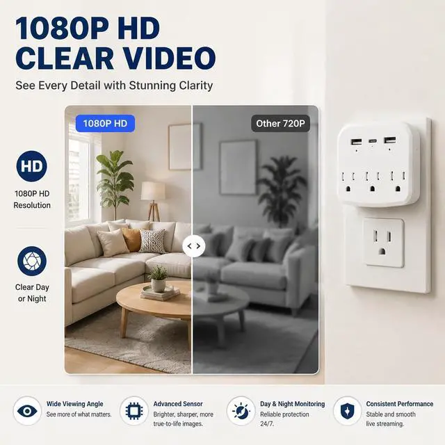 Alt view image 4 of 7 - 1080P WiFi Hidden Outlet Camera, Spy Style Plug-In Wall Charger Camera, Nanny Cam for Home Security Monitoring, Indoor Motion Detection Security Camera with App Remote View, Dual-Band 2.4G/5G Wireless