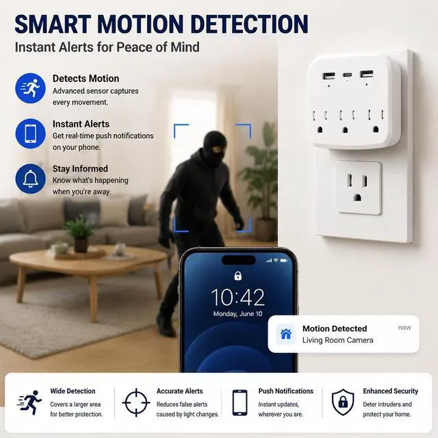 Alt view image 7 of 7 - 1080P WiFi Hidden Outlet Camera, Spy Style Plug-In Wall Charger Camera, Nanny Cam for Home Security Monitoring, Indoor Motion Detection Security Camera with App Remote View, Dual-Band 2.4G/5G Wireless