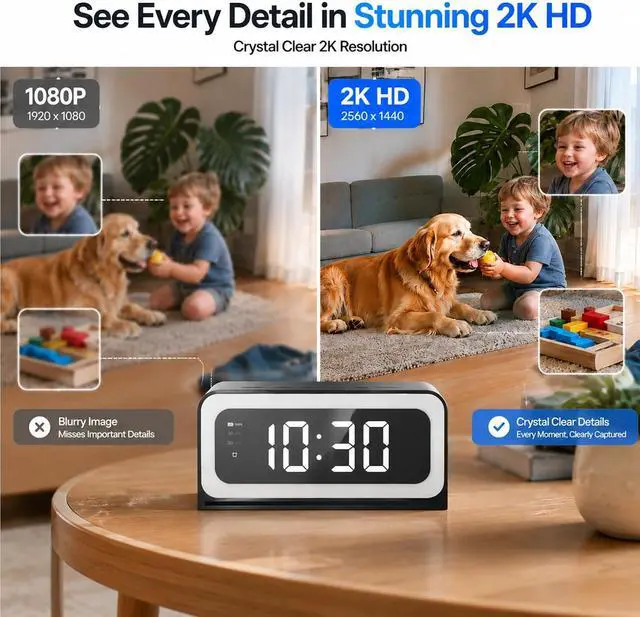 Alt view image 3 of 7 - Alarm Clock Camera 2K, 5G&2.4GHz WiFi Nanny Cam Wireless Indoor Camera for Home Security, Color Night Vision, AI Human Dection for Baby Pet Elderly