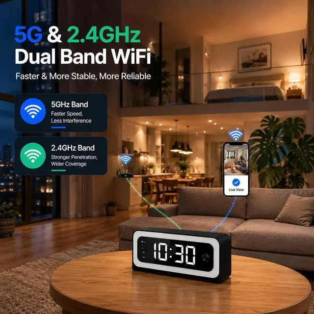 Alt view image 4 of 7 - Alarm Clock Camera 2K, 5G&2.4GHz WiFi Nanny Cam Wireless Indoor Camera for Home Security, Color Night Vision, AI Human Dection for Baby Pet Elderly