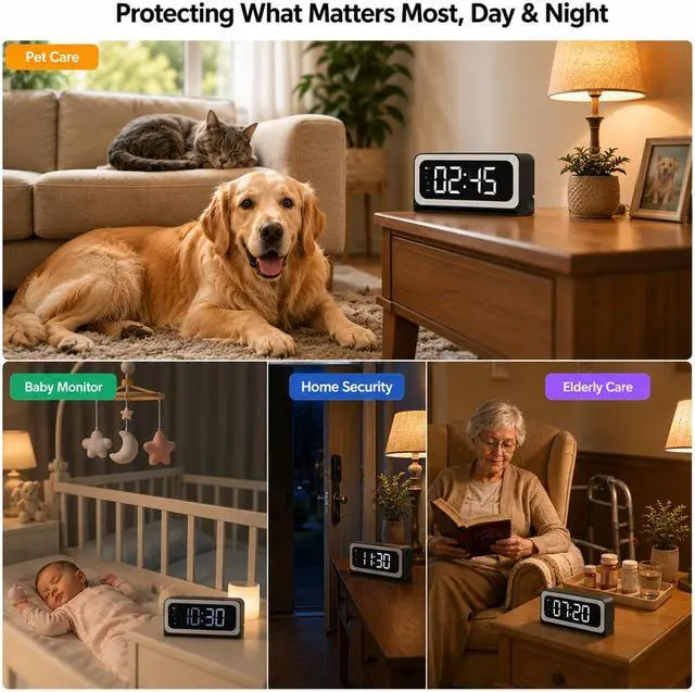 Alt view image 7 of 7 - Alarm Clock Camera 2K, 5G&2.4GHz WiFi Nanny Cam Wireless Indoor Camera for Home Security, Color Night Vision, AI Human Dection for Baby Pet Elderly