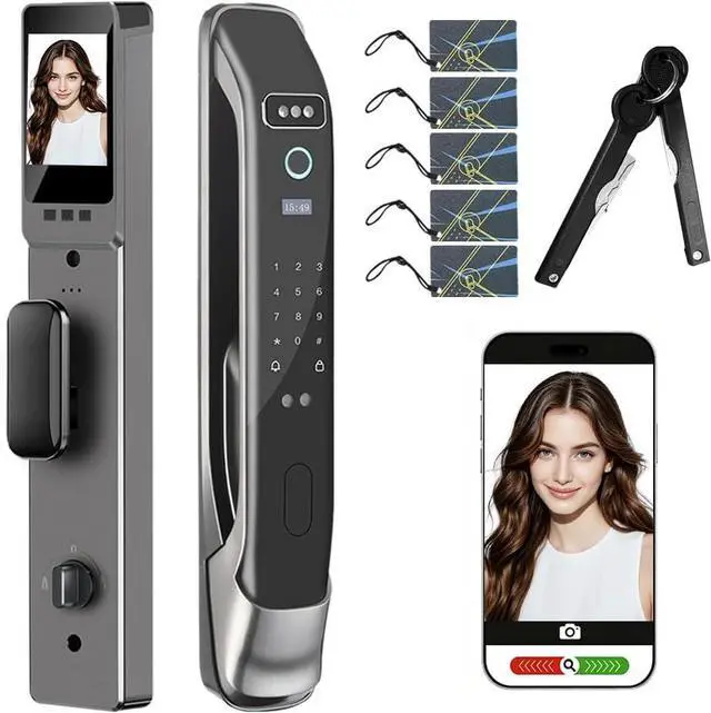 Main image of 3D Face Recognition Smart Door Lock with Camera & Doorbell, Keyless Biometric Fingerprint, Face, Passcode, IC Card, Mechanical Key, Mortise Lock Body, AutoLock, Front Door, Home Security