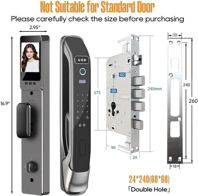 Alt view image 2 of 7 - 3D Face Recognition Smart Door Lock with Camera & Doorbell, Keyless Biometric Fingerprint, Face, Passcode, IC Card, Mechanical Key, Mortise Lock Body, AutoLock, Front Door, Home Security