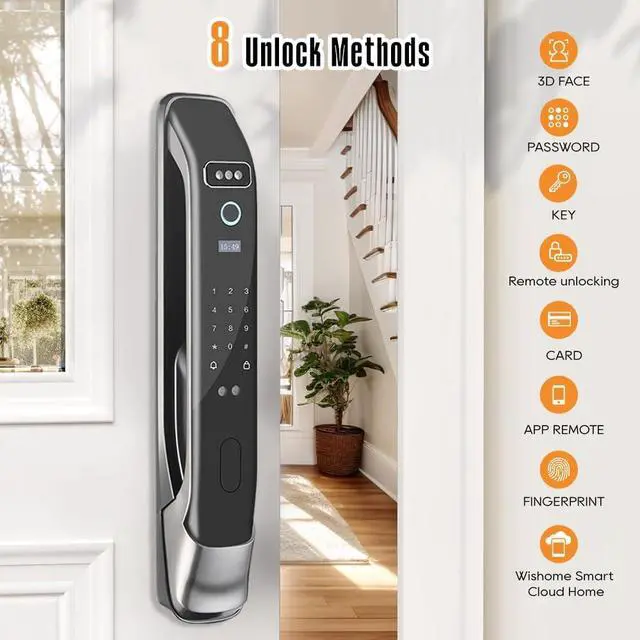 Alt view image 3 of 7 - 3D Face Recognition Smart Door Lock with Camera & Doorbell, Keyless Biometric Fingerprint, Face, Passcode, IC Card, Mechanical Key, Mortise Lock Body, AutoLock, Front Door, Home Security
