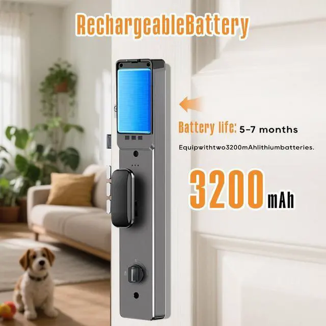 Alt view image 5 of 7 - 3D Face Recognition Smart Door Lock with Camera & Doorbell, Keyless Biometric Fingerprint, Face, Passcode, IC Card, Mechanical Key, Mortise Lock Body, AutoLock, Front Door, Home Security