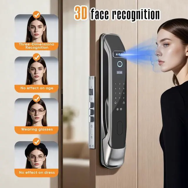 Alt view image 6 of 7 - 3D Face Recognition Smart Door Lock with Camera & Doorbell, Keyless Biometric Fingerprint, Face, Passcode, IC Card, Mechanical Key, Mortise Lock Body, AutoLock, Front Door, Home Security