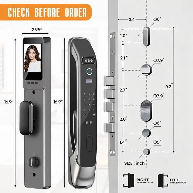 Alt view image 7 of 7 - 3D Face Recognition Smart Door Lock with Camera & Doorbell, Keyless Biometric Fingerprint, Face, Passcode, IC Card, Mechanical Key, Mortise Lock Body, AutoLock, Front Door, Home Security