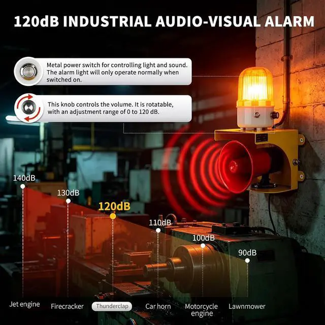 Alt view image 3 of 7 - AC110V Industrial Siren Alarm Strobe Light-120dB Loud Horn&Waterproof Red Beacon Warning Light for Emergency,Factory,Fires,Tornado,Intruder Deterrent (AC110V Amber Light (Switch,0-120dB))